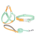 Polyester dog collar, leash, and chest strap set in assorted colours with adjustable sizing.