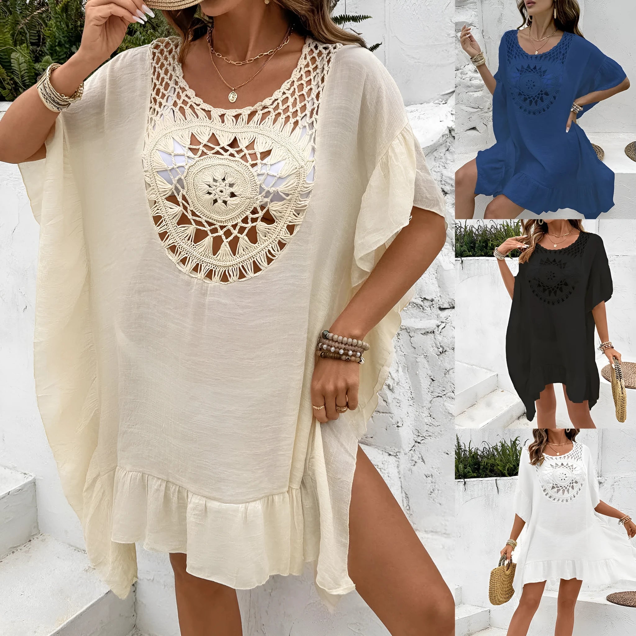 Women's crochet stitch patchwork skirt beach cover-up dress in apricot colour.