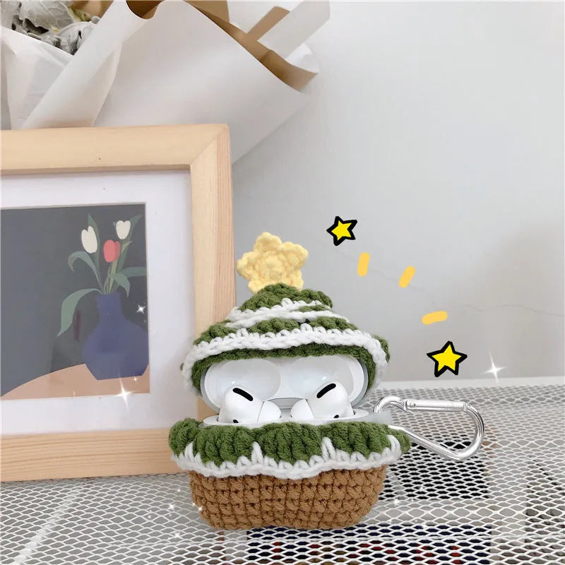 Green knitted Christmas tree flip-style headset case compatible with Apple AirPods models with hook