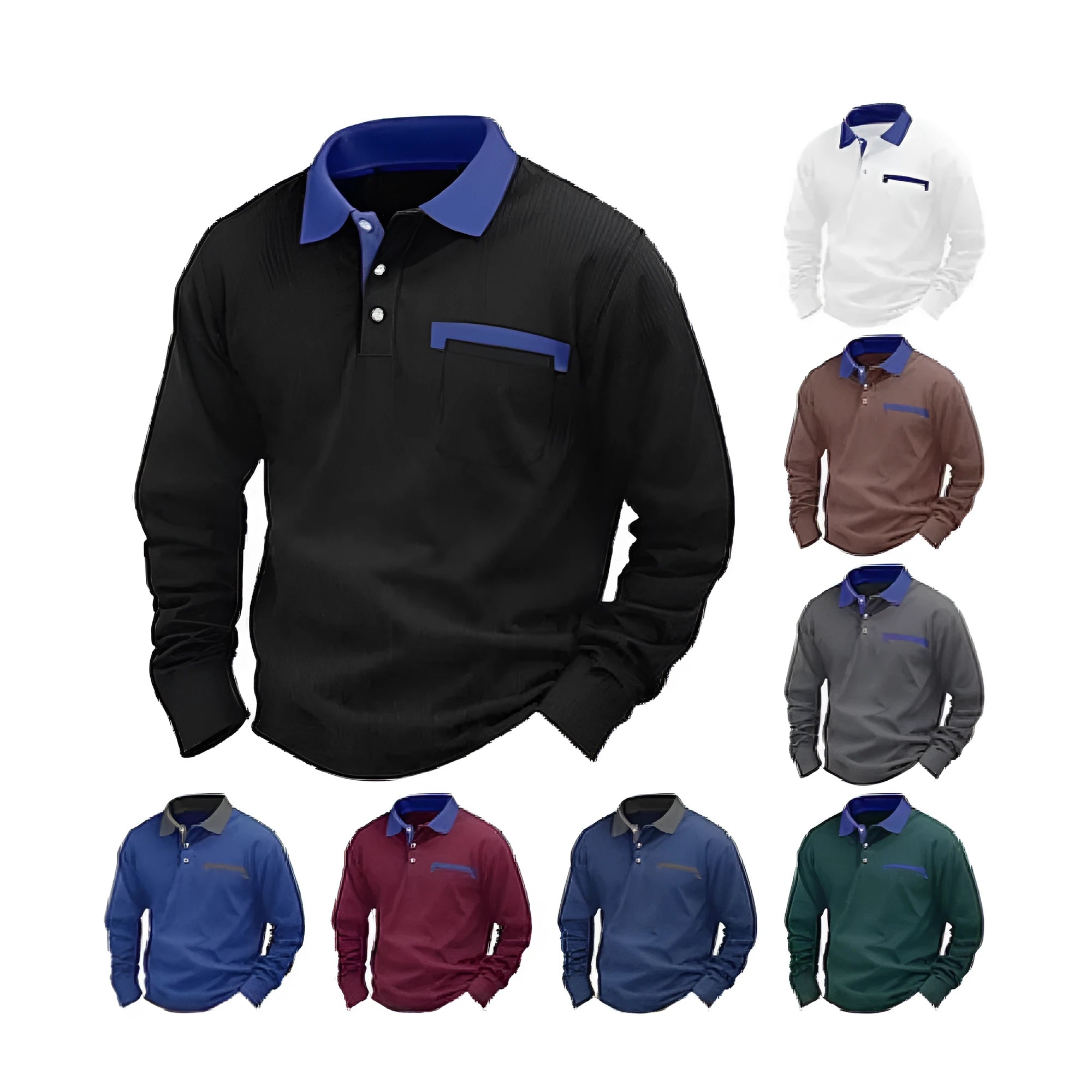 Man wearing a long-sleeved waffle-texture polo shirt in a solid colour with an asymmetric design detail.