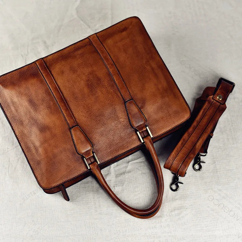 Men's brown leather horizontal business handbag with zipper closure