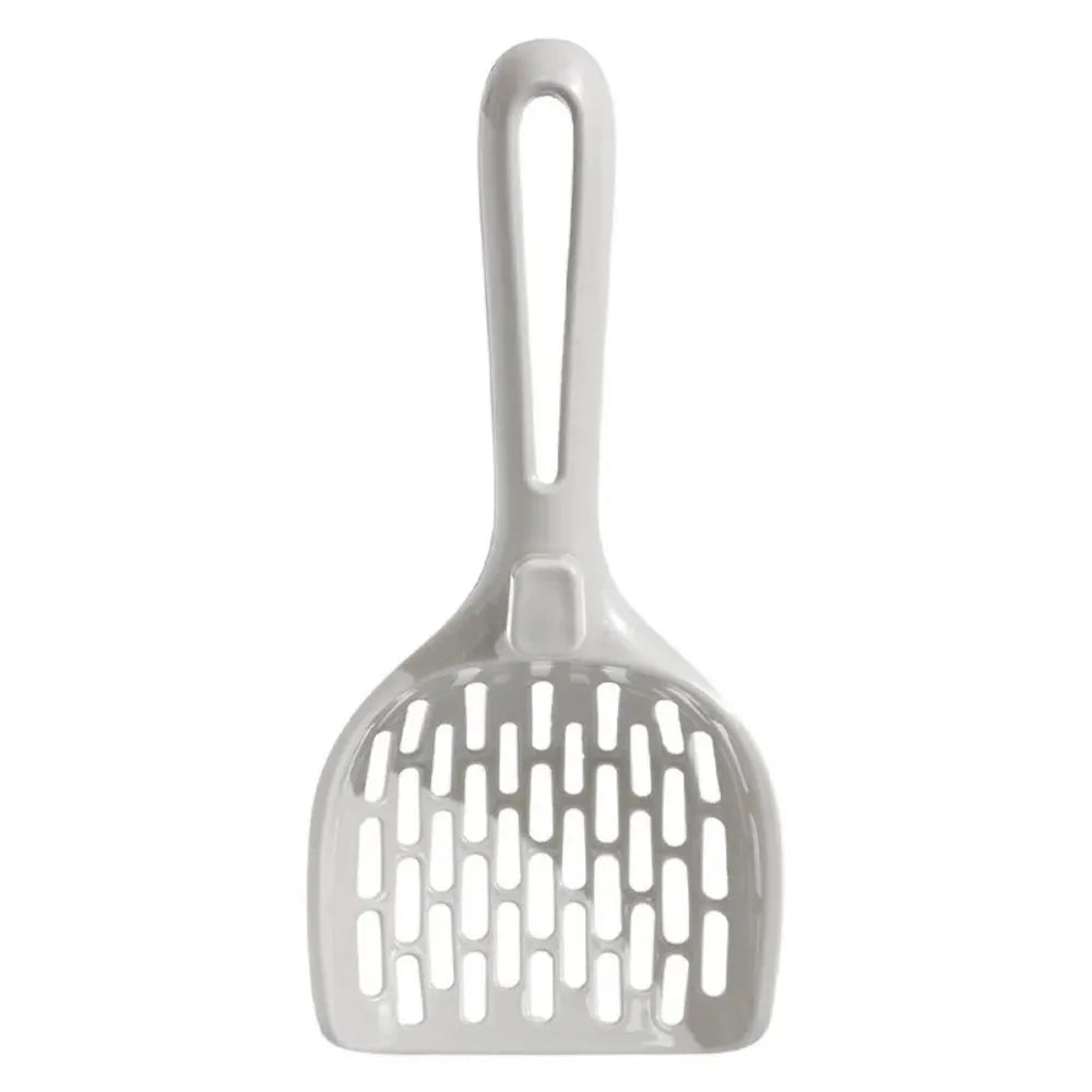 Grey plastic cat litter scoop with matching base tray for self-cleaning litter boxes