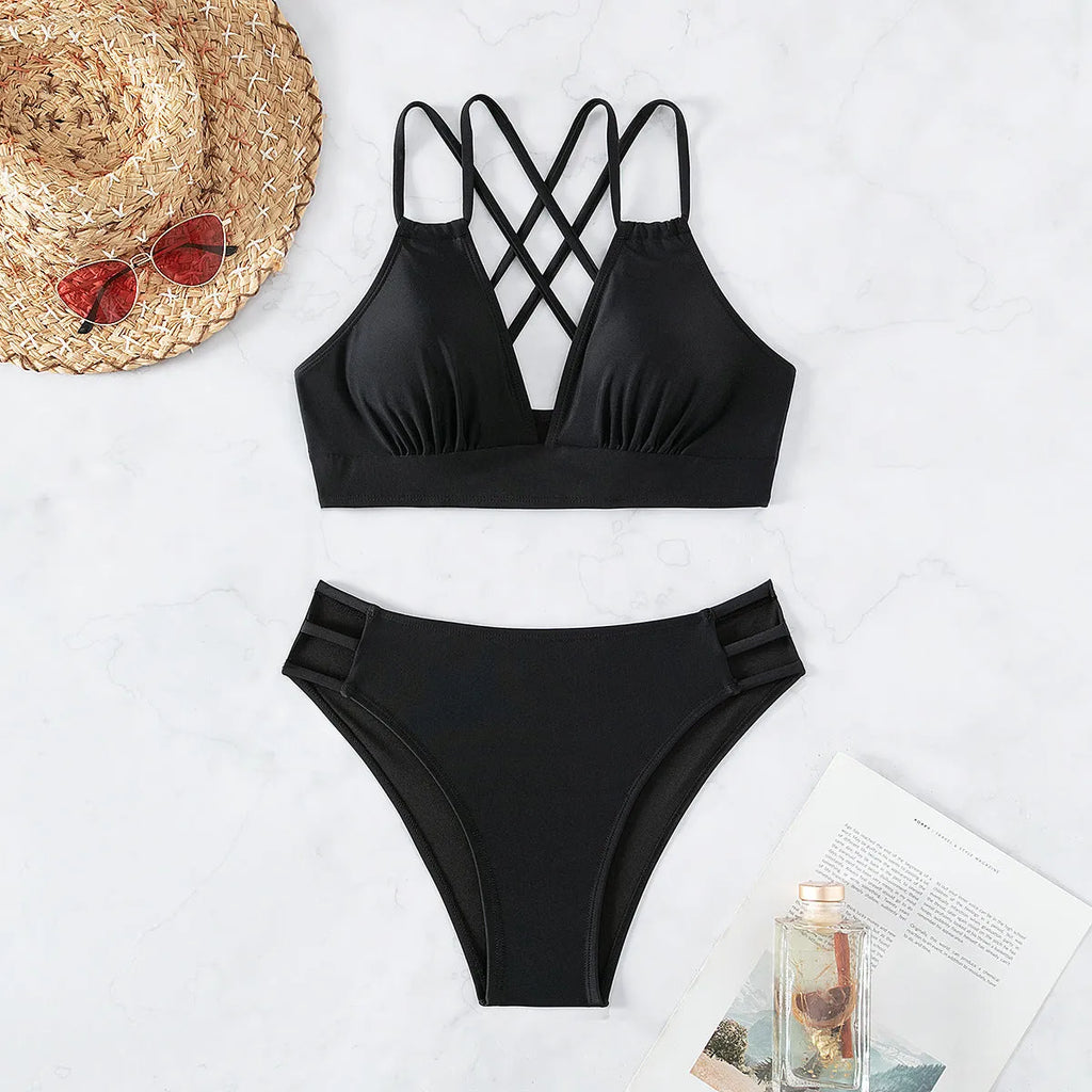 Women's halter V-neck bikini top with split shorts in nylon fabric