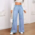 Light blue washed wide-leg straight cut jeans with mid-waist fit and zip fly opening