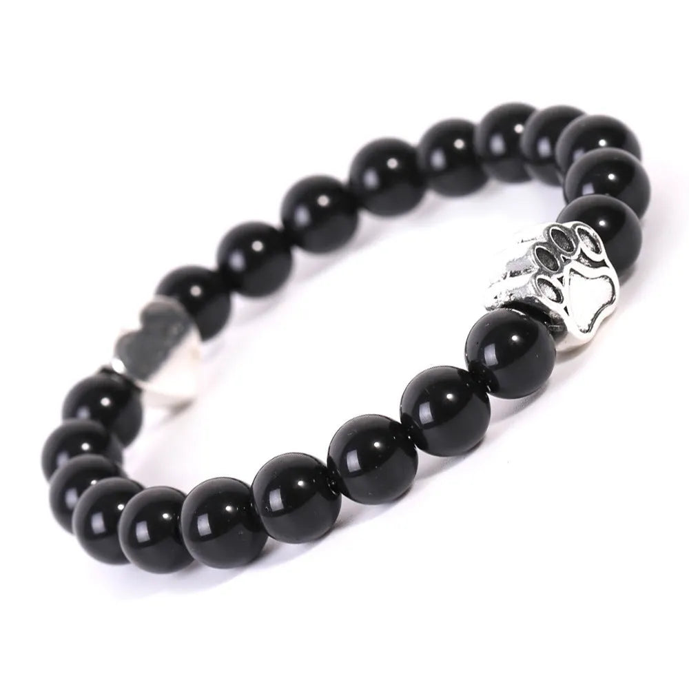 Indian agate dog's paw bracelet with love heart charm made from natural tigereye stone beads