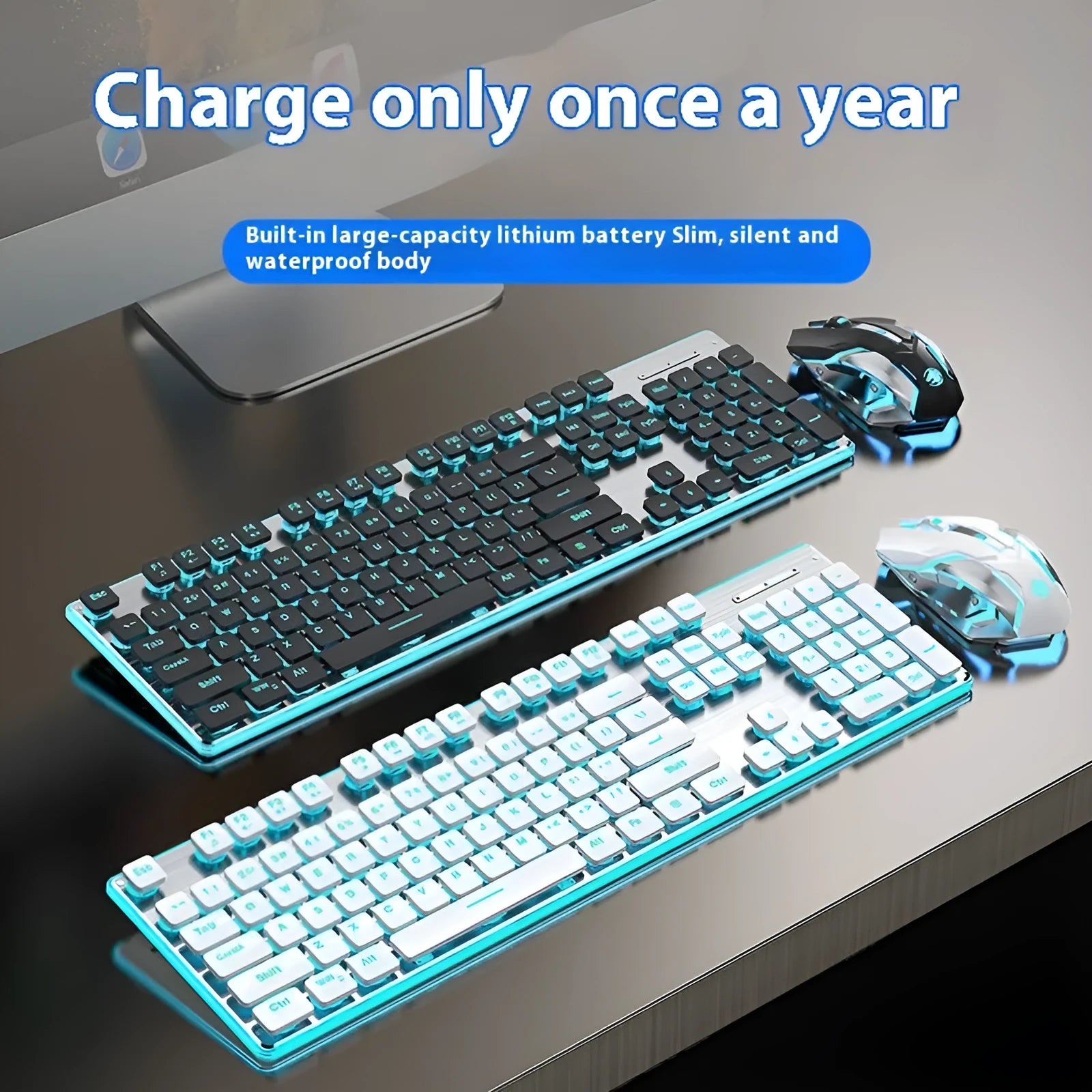 Wireless Bluetooth keyboard with mute button and blue backlight in compact design