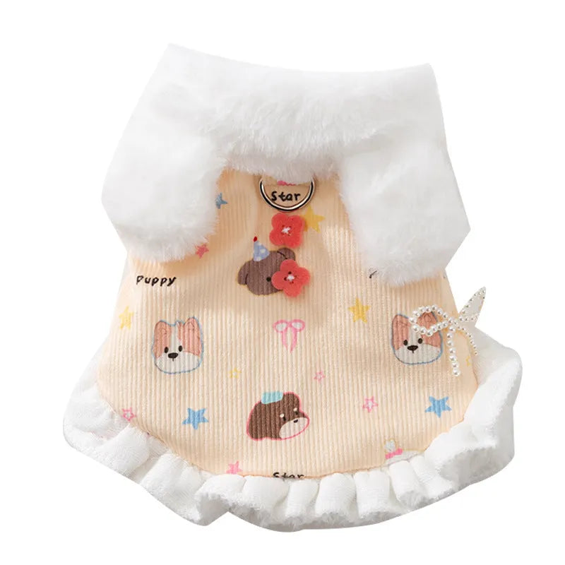Winter fleece teddy dress with 3D ears for small dog in white, button closure and hood