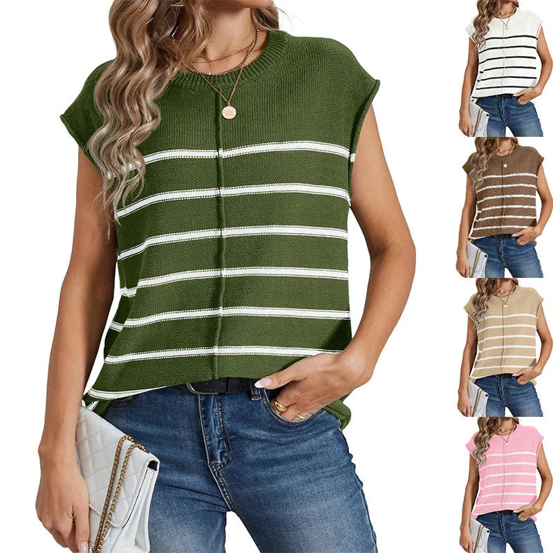 Women's striped sleeveless vest pullover in acrylic knit with bone stitching detail