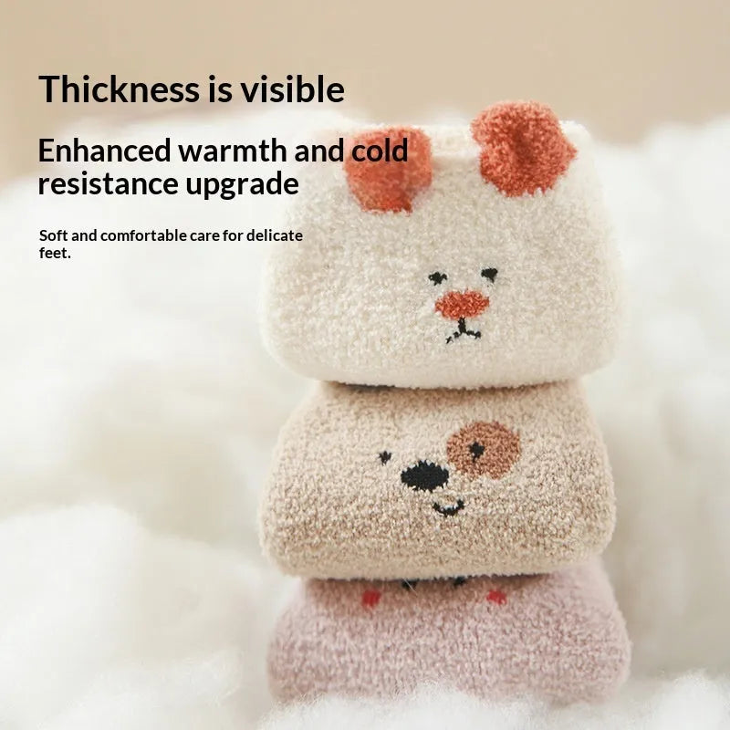Cartoon fleece-lined children's socks in khaki with mid-calf shaft height