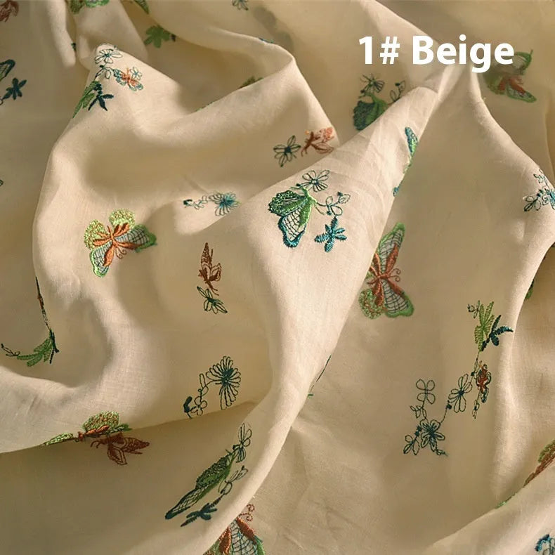 Pure ramie Hanfu embroidery fabric in beige, green, and dark green colours showing 140cm width