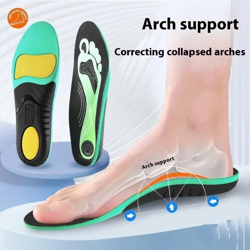 Blue and green flat foot correction insoles with raised arch support on a white background.