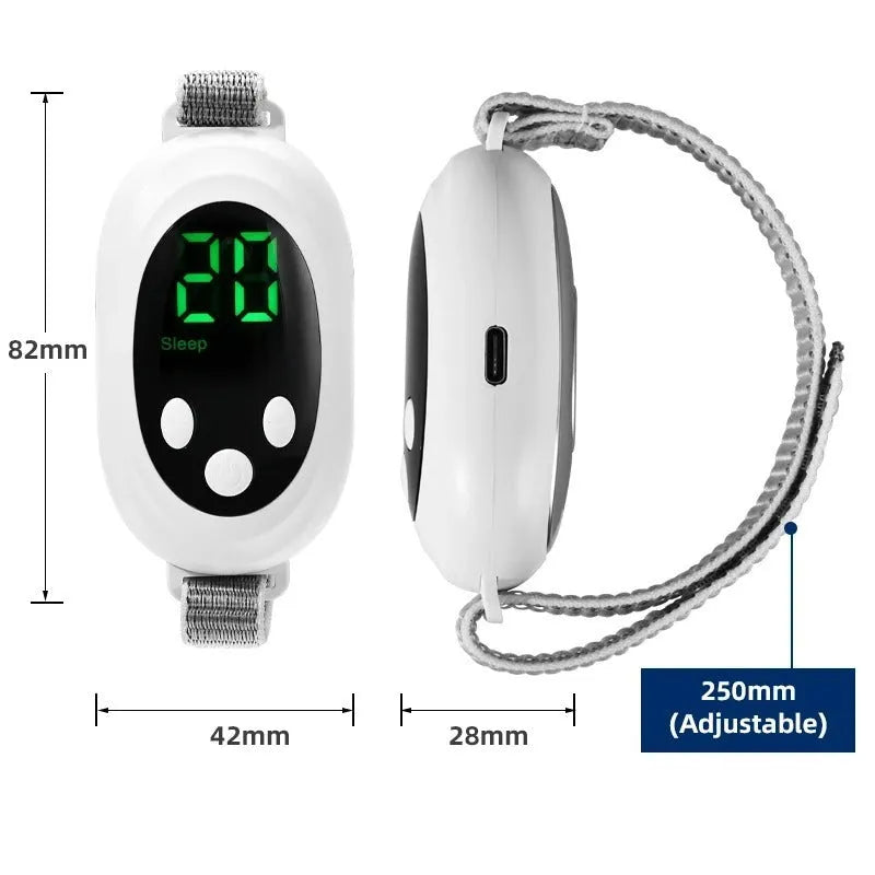 White sleep aid bracelet device with remote control and 20 intensity gears on a USB charging cable