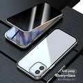 Black magnetic privacy glass protective case for iPhone showing anti-spy tempered glass back and metal frame