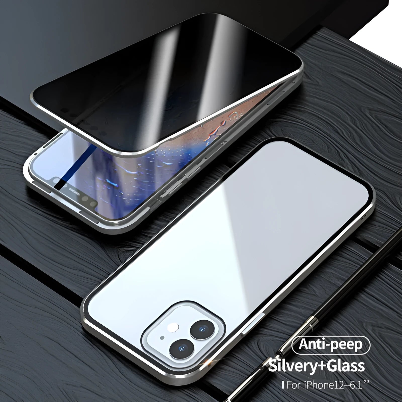 Black magnetic privacy glass protective case for iPhone showing anti-spy tempered glass back and metal frame