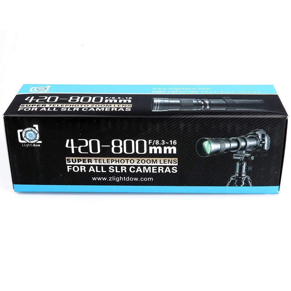 420-800mm manual zoom camera lens with T-mount adapter ring shown extended to approximately 36cm length