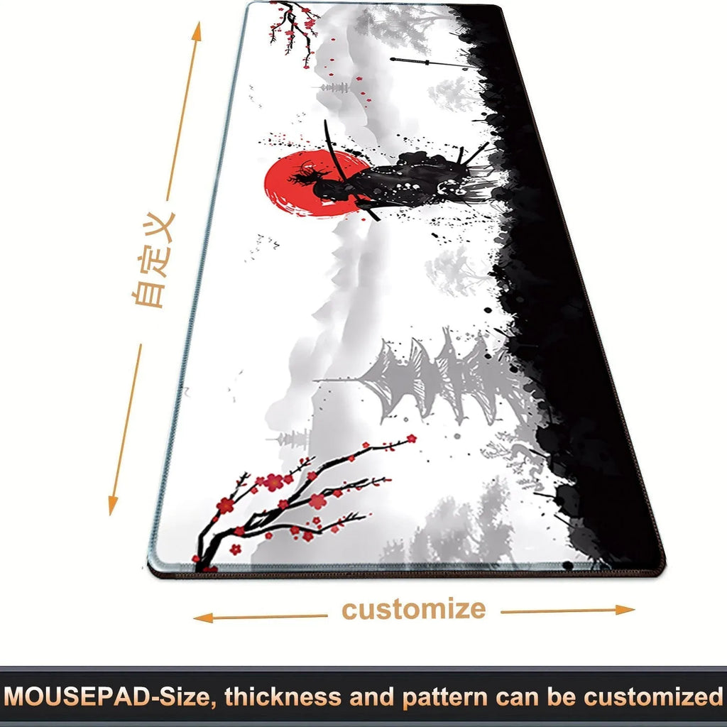 Cloth gaming mouse pad with Japanese samurai design, showing non-slip base and size options