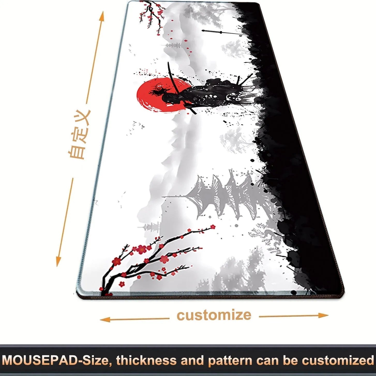 Cloth gaming mouse pad with Japanese samurai design, showing non-slip base and size options