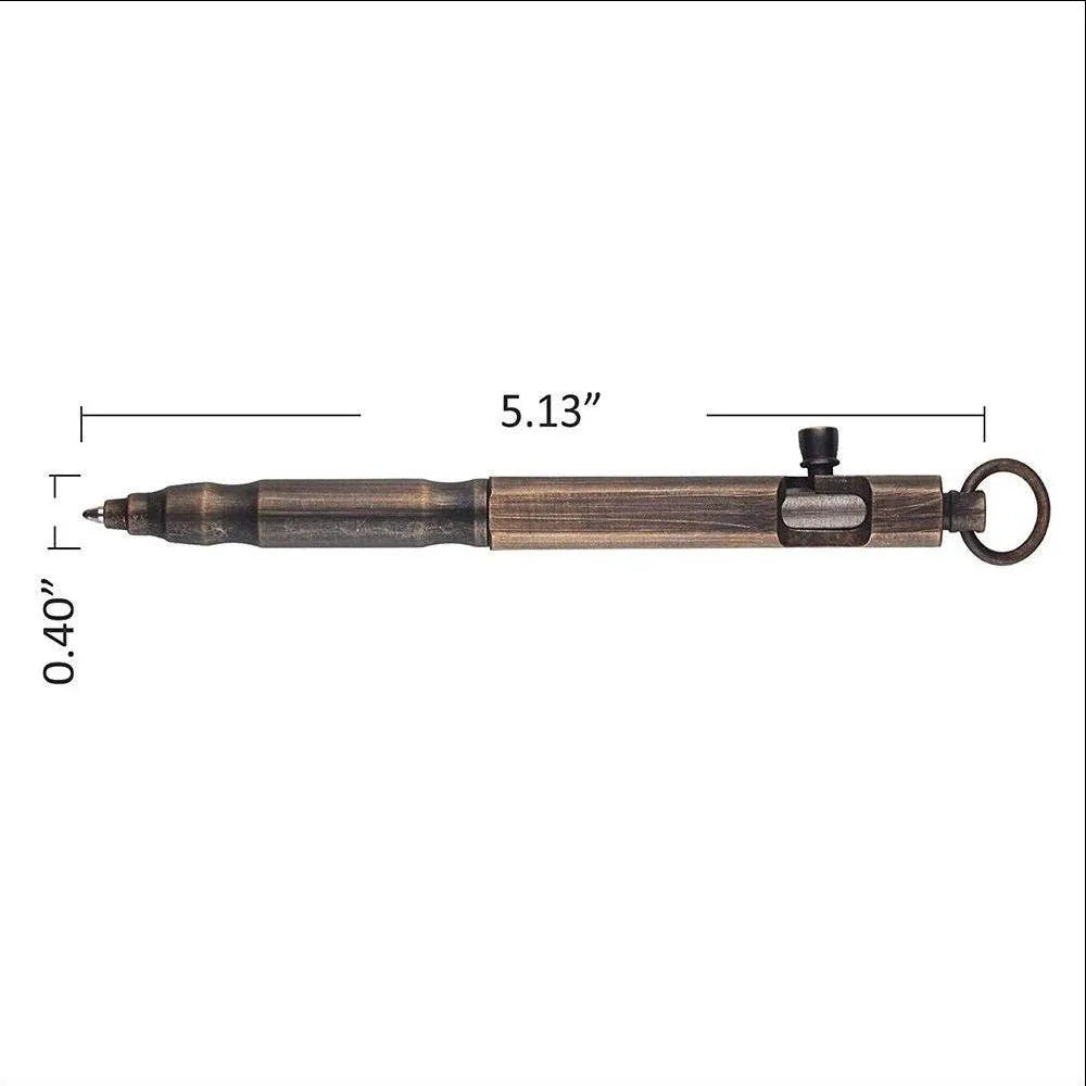 Brass tactical pen with hexagonal machine gun bolt design measuring 13cm length