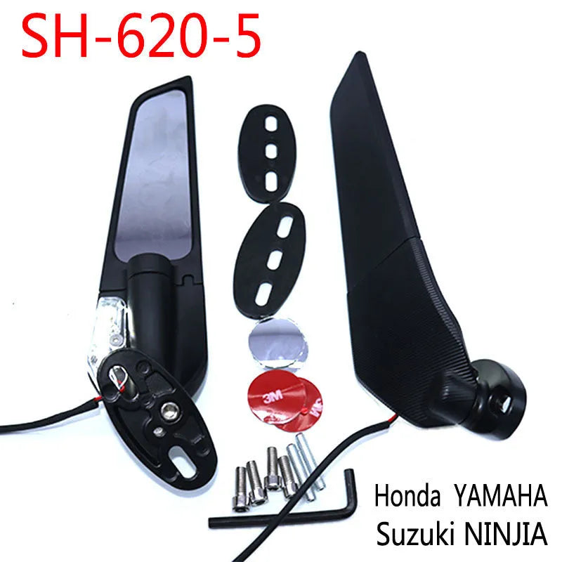 Pair of yellow aluminium motorcycle spoiler rearview mirrors with convex glass lenses and integrated side lights.