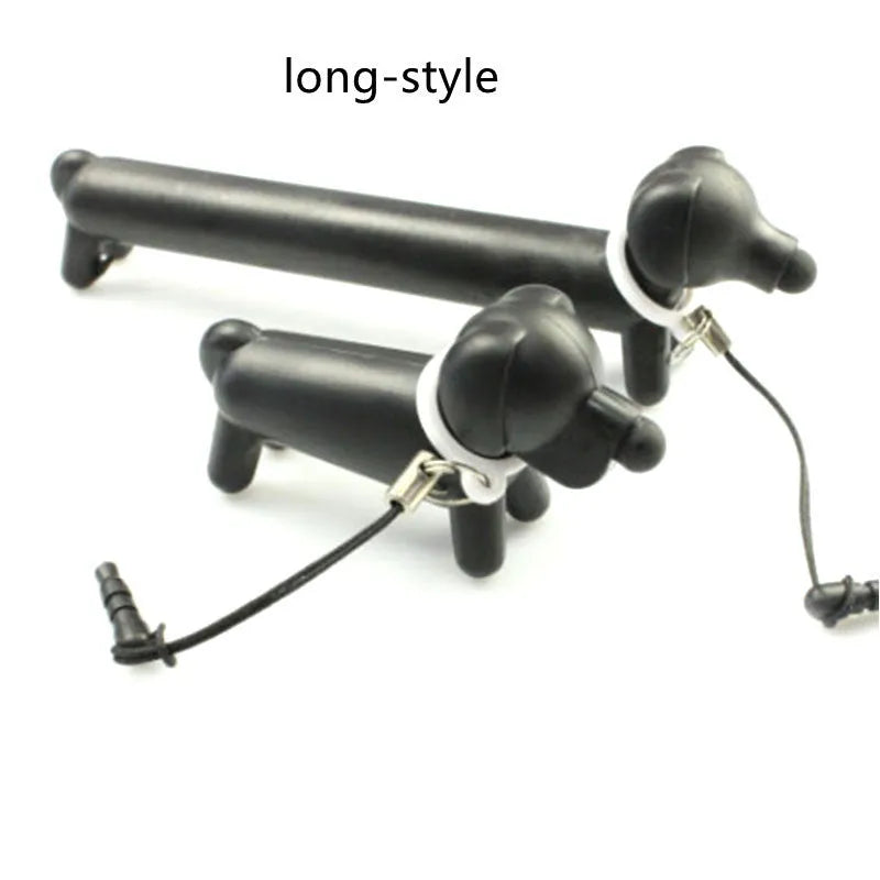 Black dog-shaped touch screen stylus showing length adjustment and phone stand functionality