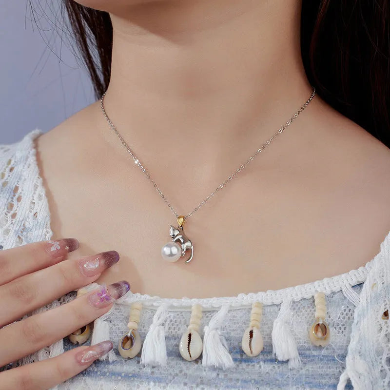 925 sterling silver clavicle chain necklace with electroplated cat charm pendant