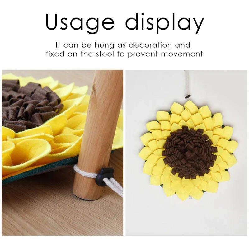 Yellow sunflower-shaped dog snuffle mat measuring 37.5x37.5x4 cm with rope buckle attachment