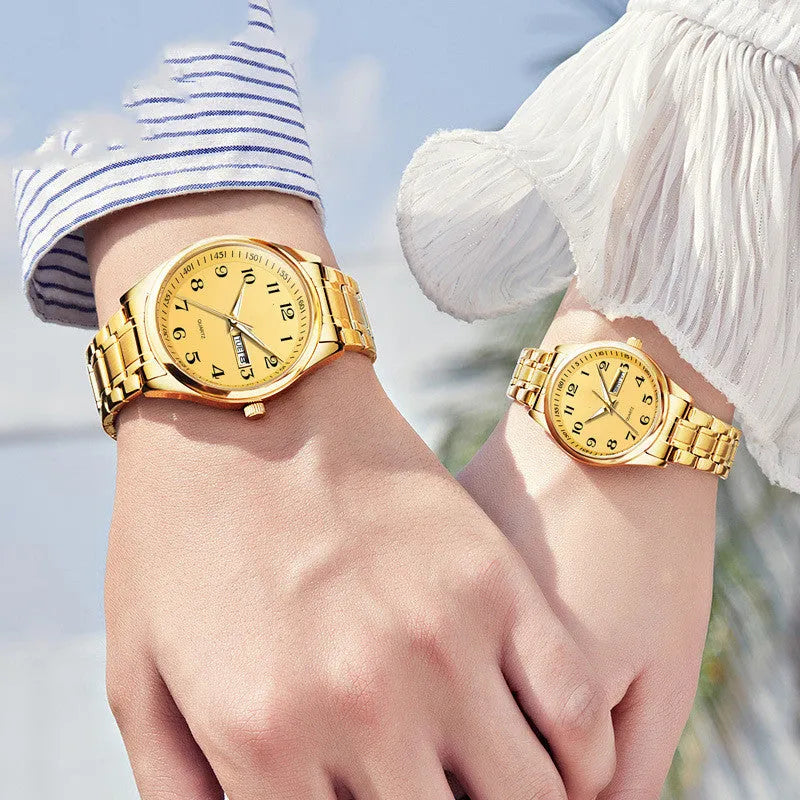 Unisex student quartz watch with steel bracelet and alloy case, 40mm male and 29mm female sizes, steel gold colour