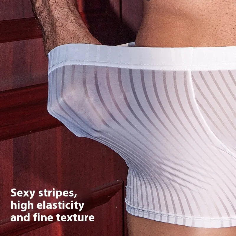 Men's striped boxer briefs underwear in nylon fabric showing vertical pattern detail