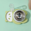 Grey automatic water dispenser and tilted raised stainless steel bowl pet feeder set.