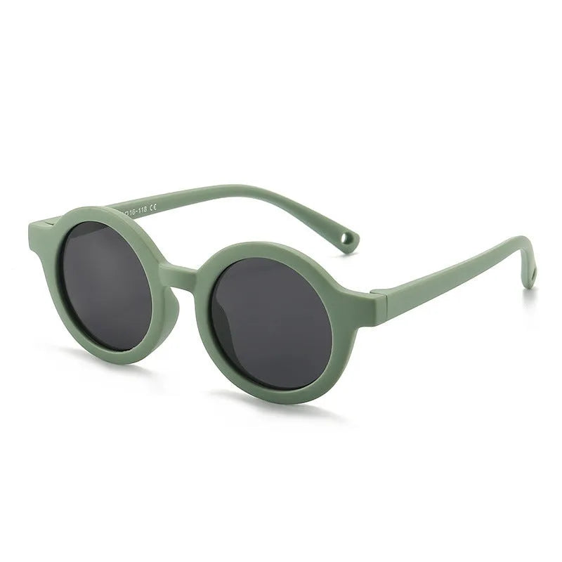 Children's silicone sunglasses with round frames and polarised lenses for 0-3 year old UV protection