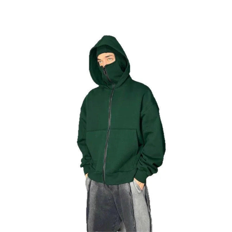 Men's solid colour loose polyester hoodie with double-layer masked hood and zip front, shown in black
