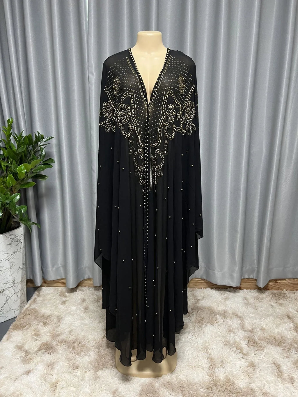 Purple rhinestone beaded chiffon Muslim shawl draped showing length and decorative bead detail