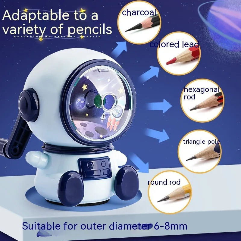 Astronaut-themed manual pencil sharpener in blue or pink with adjustable three-level sharpening for 2mm pencils