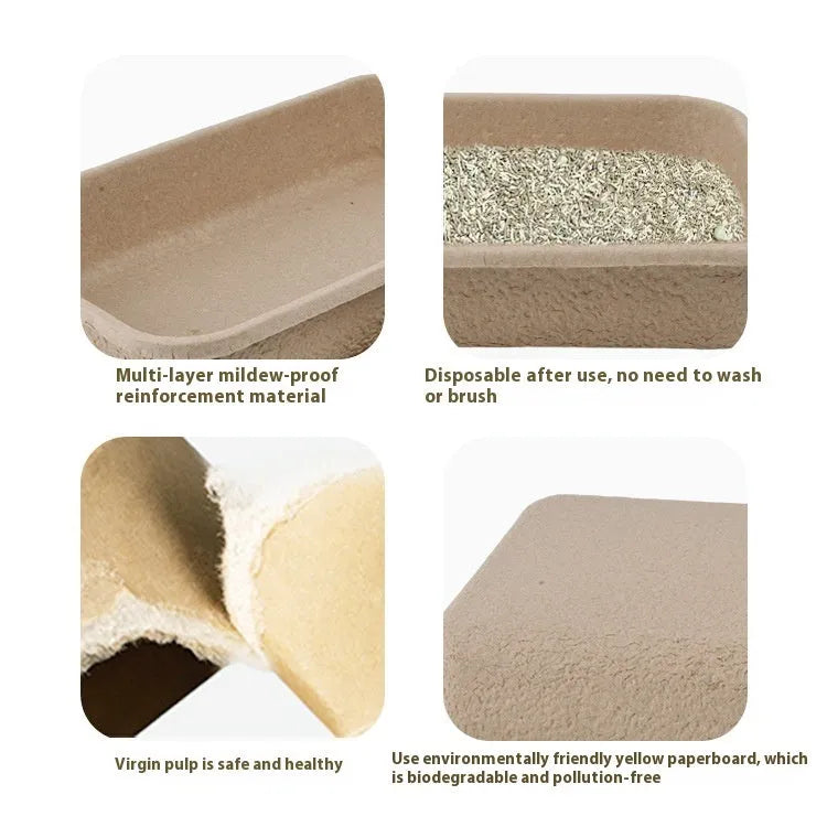 Brown disposable cat litter box showing its shallow tray shape and three available size options for small, medium, and large cats.