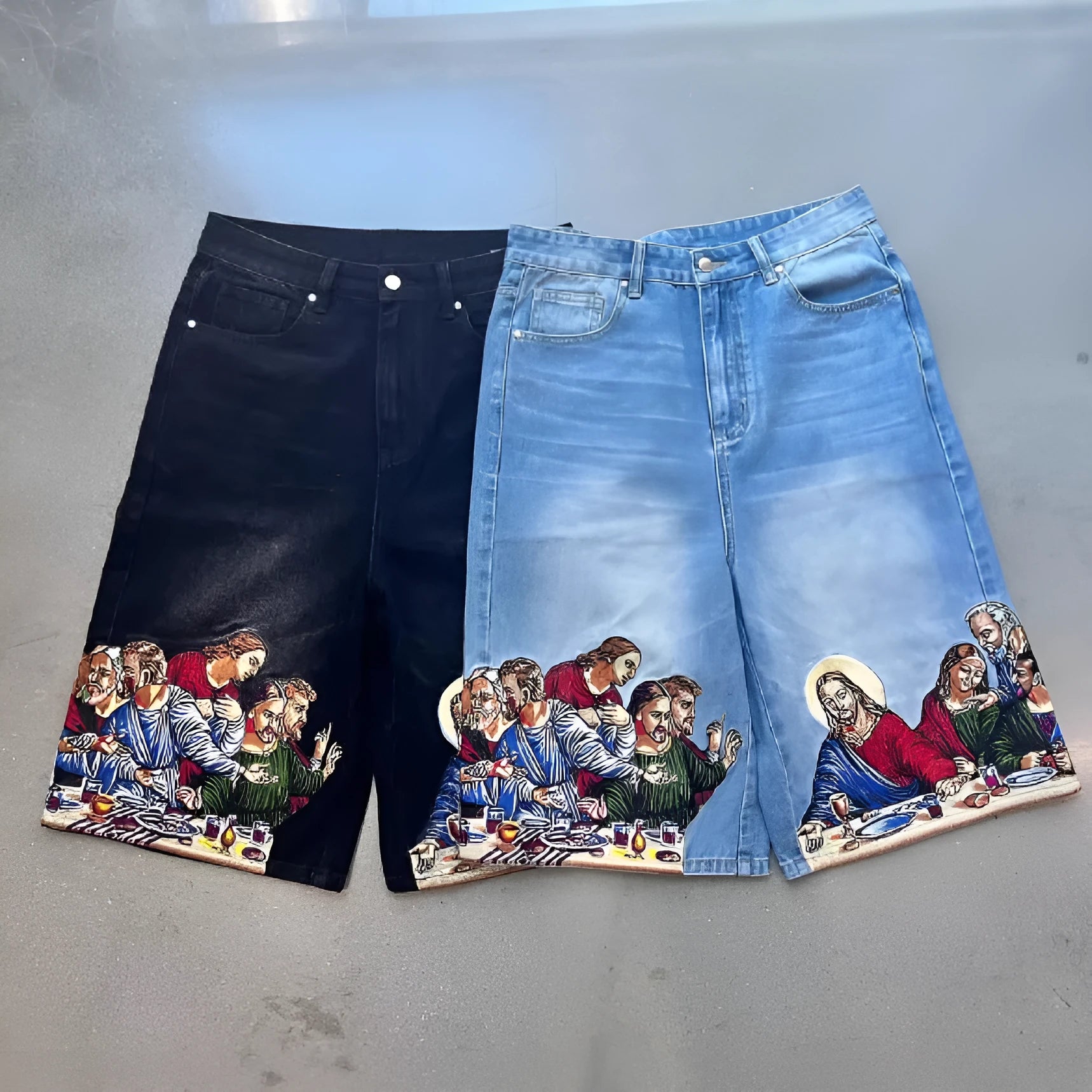 Blue men's cotton tapered shorts featuring a Jesus print on the back pocket.