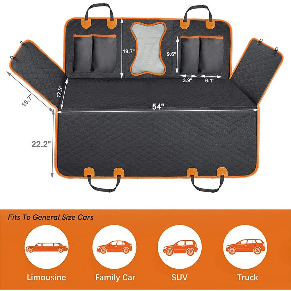 Black and orange edge waterproof dog car seat cover with mesh window and storage pocket on a car rear seat.