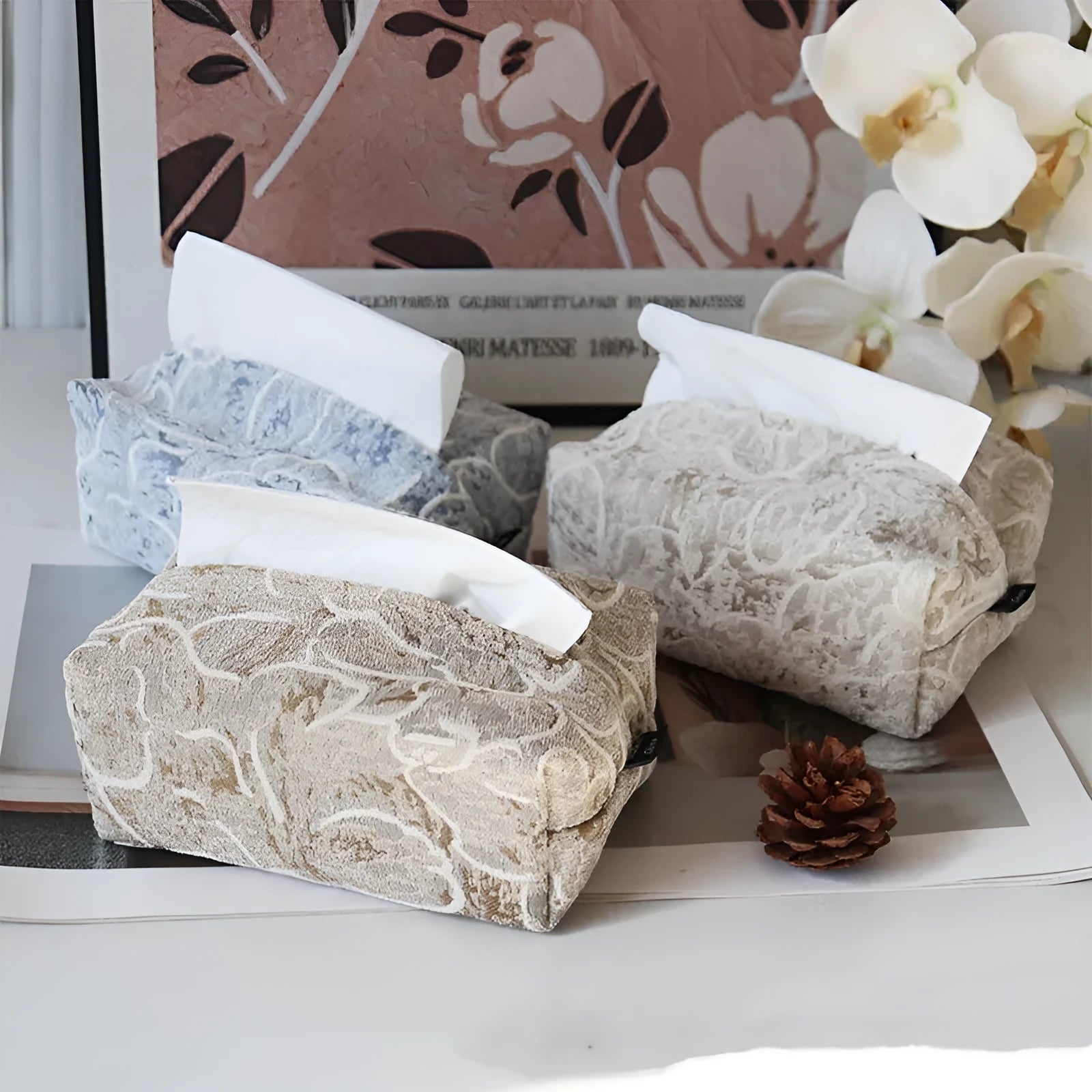 Cotton fabric tissue box with rose pattern in beige, blue or brown for living room tea tables
