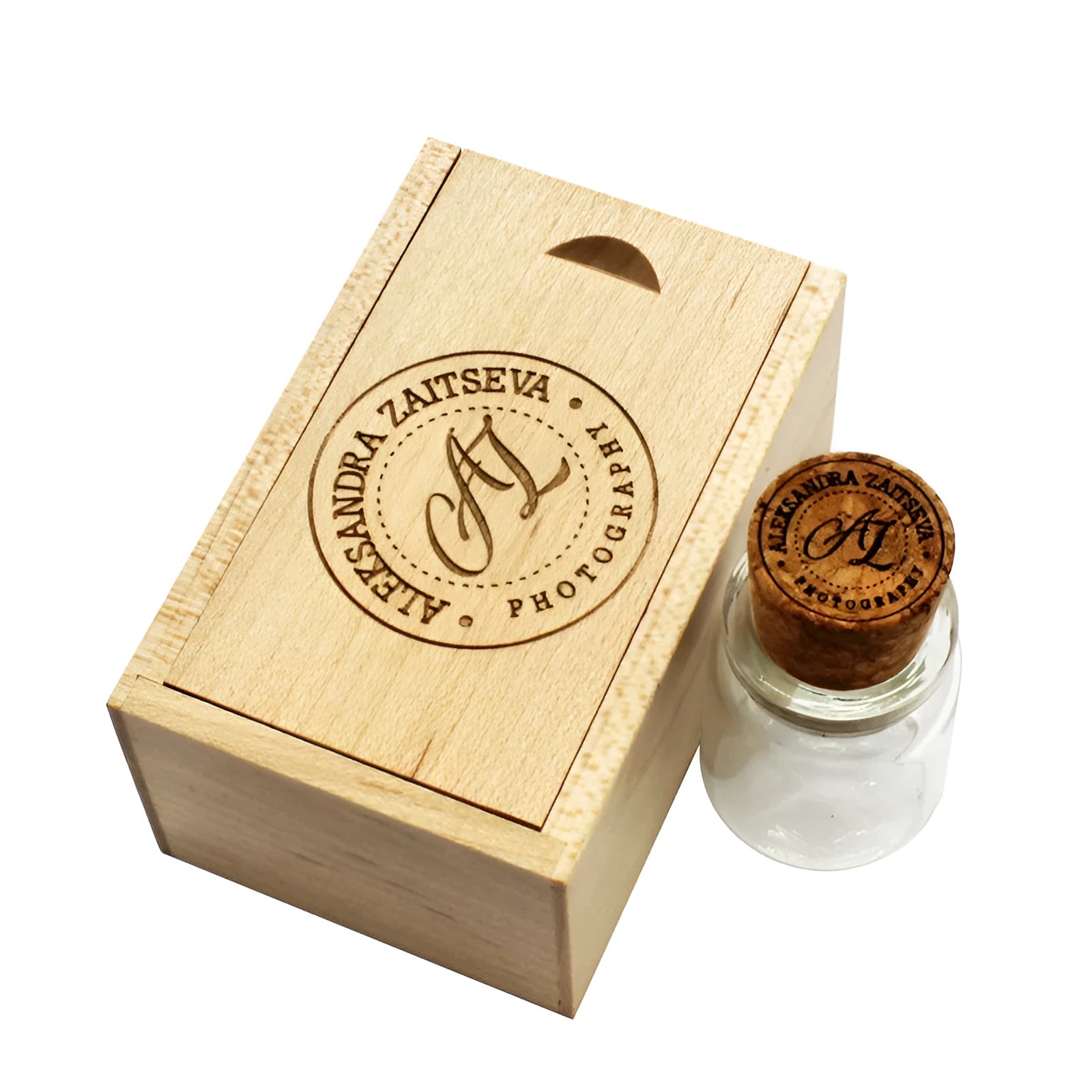 Chocolate-brown wooden drift bottle-shaped USB flash drive with custom lettering graphics on a wooden disk.
