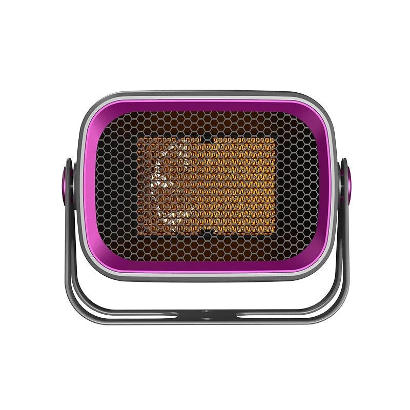 White desktop ceramic heater with rotatable base and push-button controls on wooden surface