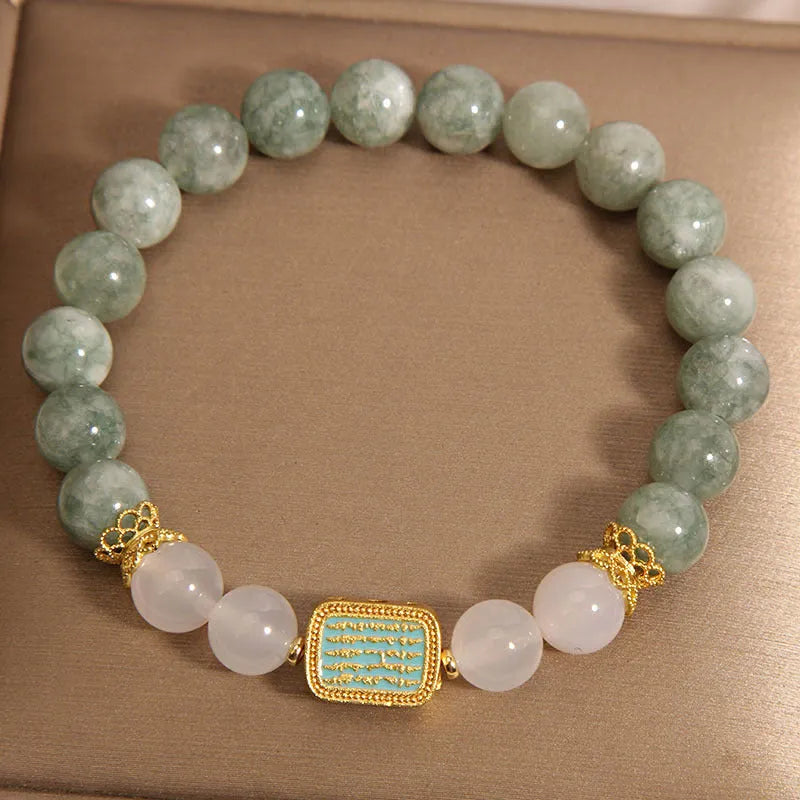 Oil green emerald crystal bracelet with five engraved scripture beads for women