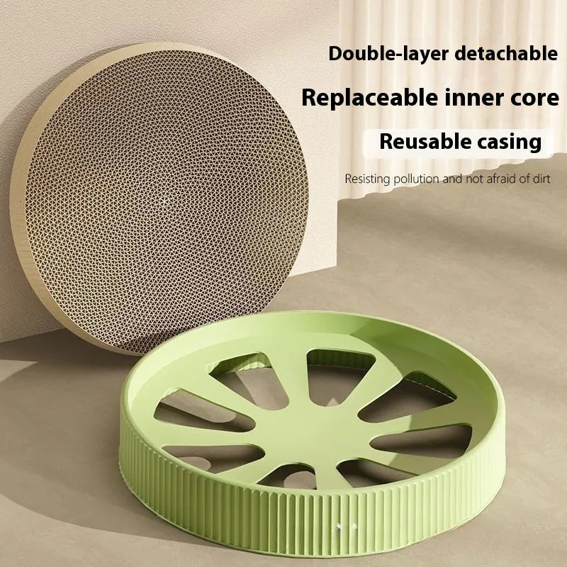 Round green cat scratching board nest with corrugated paper surface, 55 cm diameter with two replacement refills