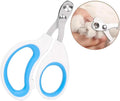 Blue pet nail clippers with circular cutting hole and cushioned handles on a white background