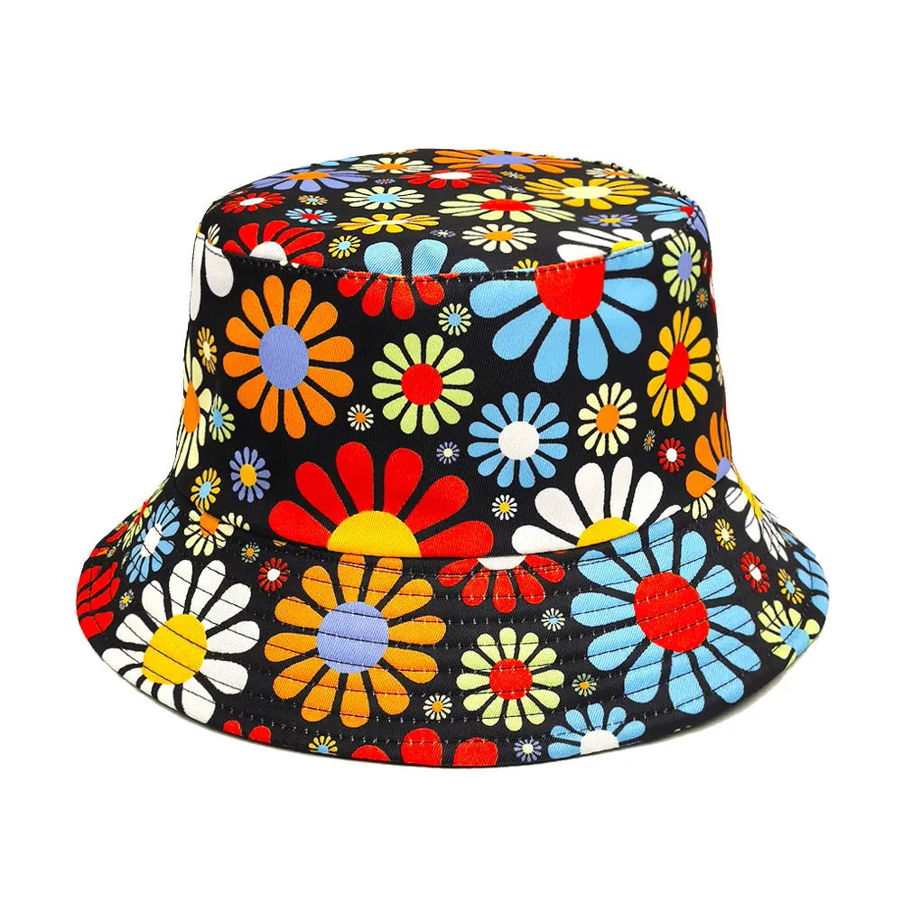 Colourful flower print bucket sun hat with dome crown in polyester fabric