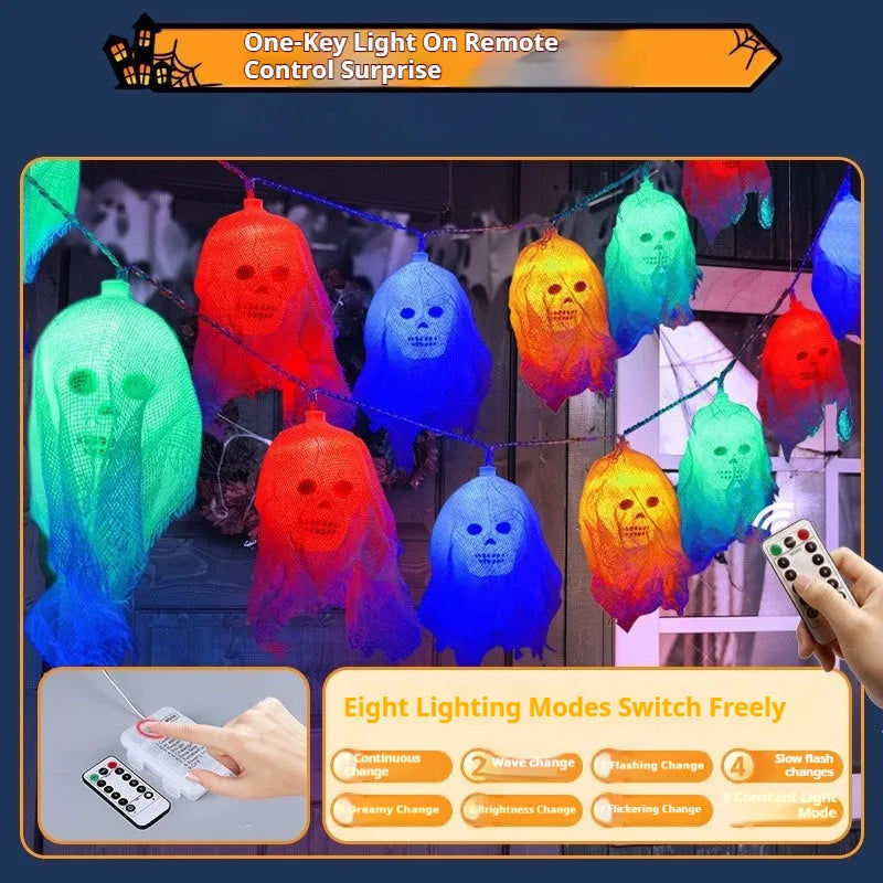 Halloween coloured battery-powered LED string lights showing plastic housing and multiple coloured light beads