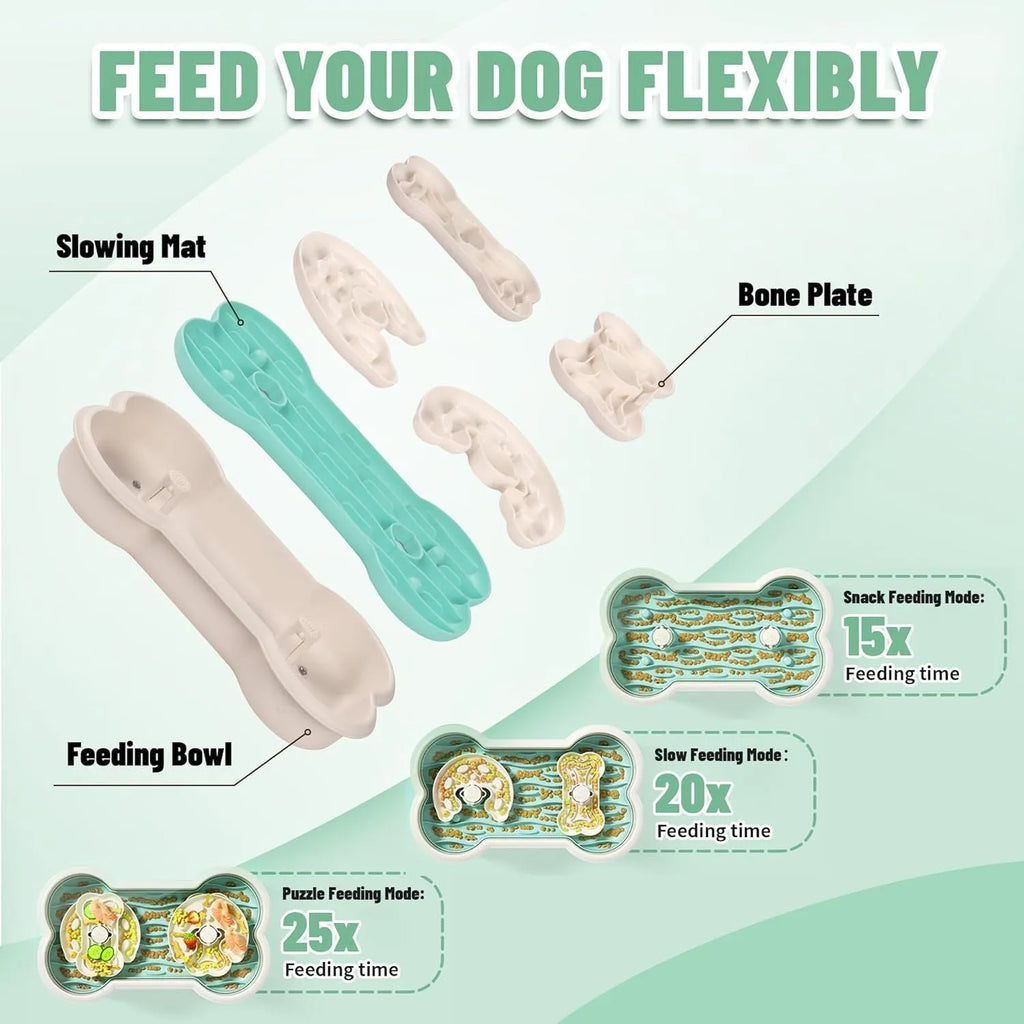 Large green slow feeder dog bowl with three rotating trays and non-slip suction cups