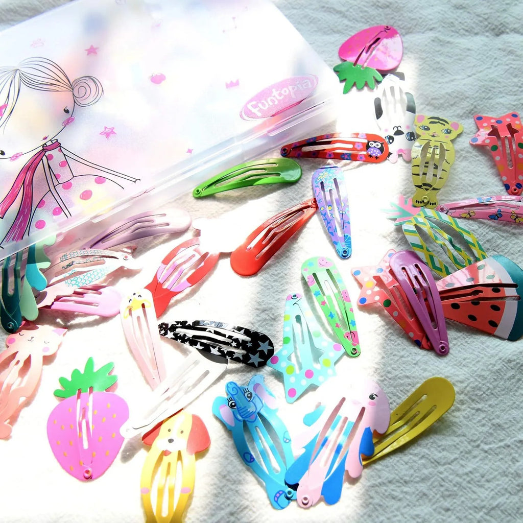 100-piece hair clip set with metal snap closures in assorted candy colours and cartoon designs