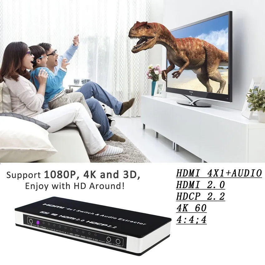 Black HDMI audio video switch with four inputs and one output, remote control, power adapter, and instruction manual