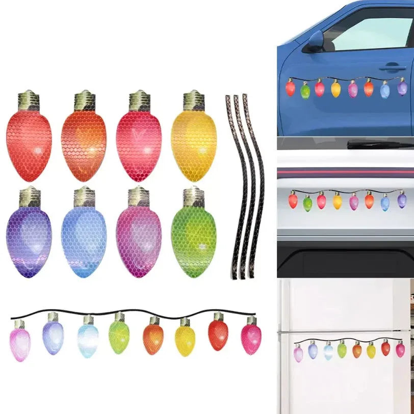 Set of magnetic reflective Christmas light bulb and wire stickers on a car door.