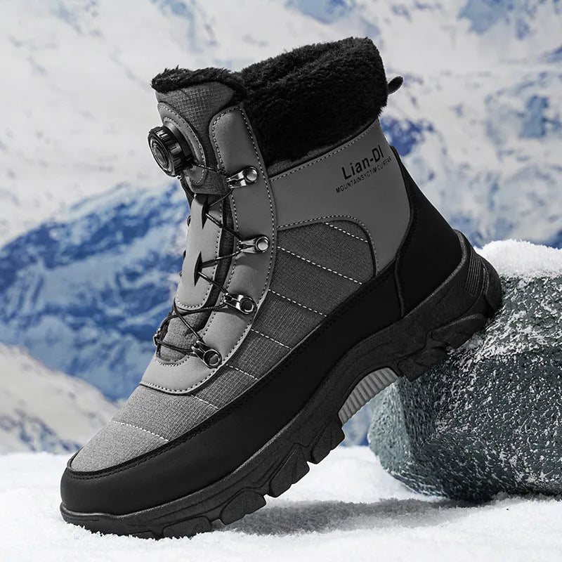 Men's fleece-lined warm snow boots in black with artificial PU upper and round toe design