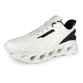 Men's low top casual sports shoes in mesh with a lightweight EVA sole, shown in black, white, and dark blue.